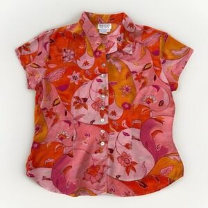 Vintage Tess 100% Silk Blouse 90s Romantic Boho Floral Pink Shirt Women's 12